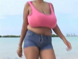 Busty Latina MILF jogging at the beach