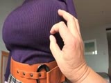 Kaori's udders in and out of purple sweater